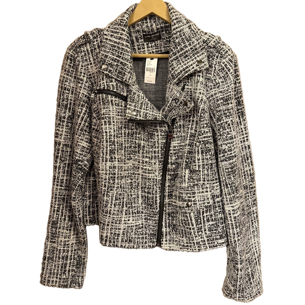 Lane Bryant Black White Tweed Zipper Notched Moto Jacket Size 18